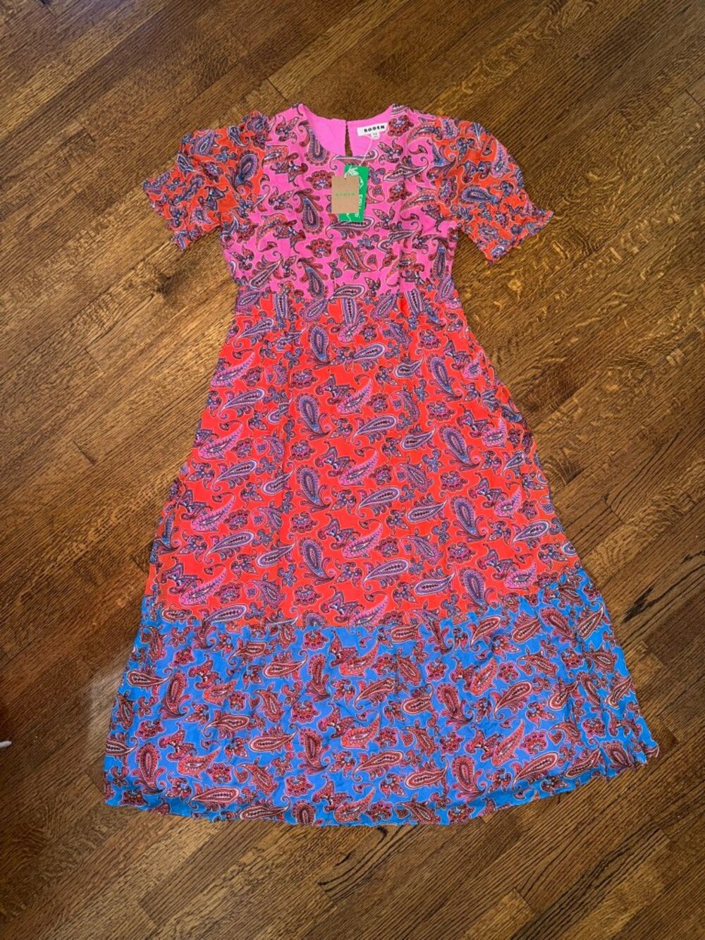 NWT Boden Smocked Cuff Maxi Dress in Colorblock Paisley Pink Blue